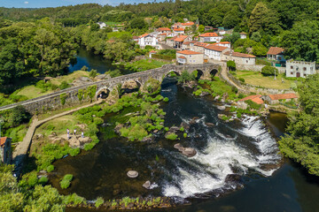 Aerial view of the picturesque Ponte Maceira village, Galicia, Spain