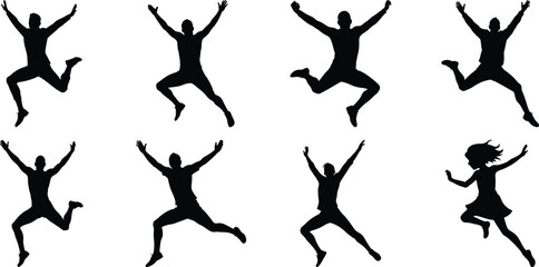 Silhouettes of jumping people set. Collection of person jumping vector illustration on transparent background, PNG