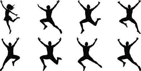 Silhouettes of jumping people set. Collection of person jumping vector illustration on transparent background, PNG