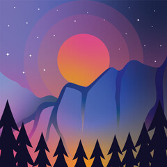 Obraz premium mountain landscaped vector illustration template graphic design . forest and nature night view sign or symbol for adventure and wanderlust travel business