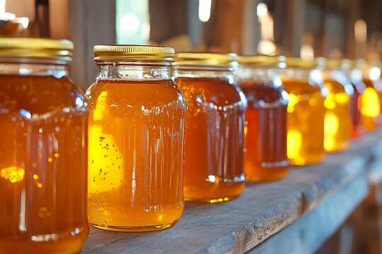 Golden liquid honey in glass jars lined up beautifully, showcasing its rich texture and natural amber hues - Powered by Adobe