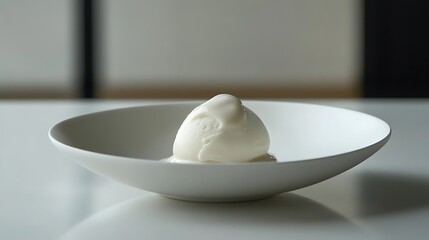 A scoop of white ice cream in a shallow white bowl