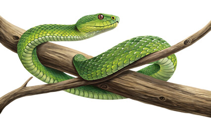 Obraz premium Green tree viper snake coiled on branches isolated on a white background