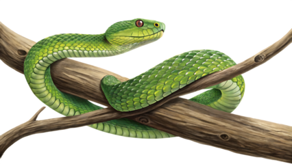 Green tree viper snake coiled on branches isolated on a white background