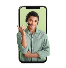 African-American technical support agent on color background