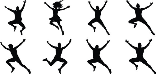 Silhouettes of jumping people set. Collection of person jumping vector illustration on transparent background, PNG