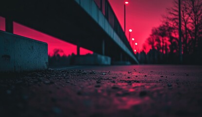 Urban bridge at dusk, vibrant pink sky