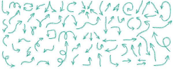 Turquoise arrows hand drawn horizontal sketch flow direction icons in pastel tone, Flat Illustration

