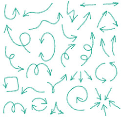 Turquoise curved arrows collection hand sketched symbols for flow and direction, Flat Illustration

