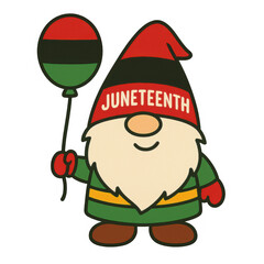 Cheerful gnome holding colored balloon, cartoon character in festive attire, perfect for celebratory themes or decoration. Isolated on white background or PNG