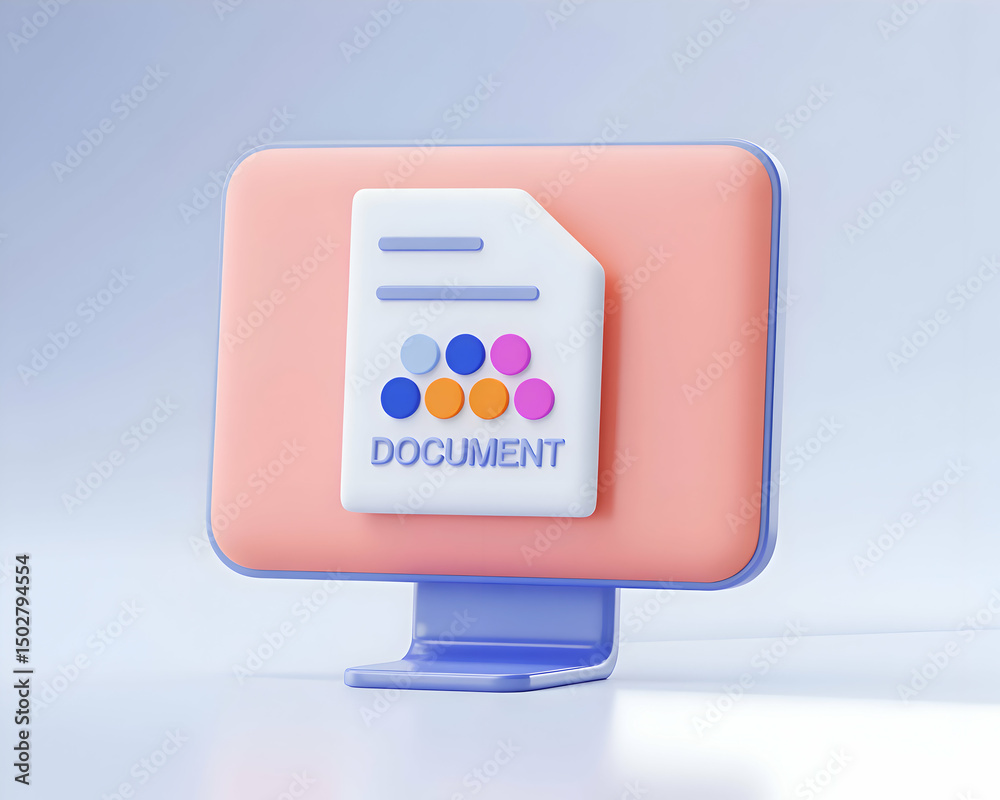 Poster 3d render of a computer displaying a document icon with colorful data points