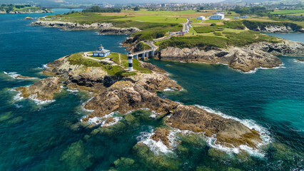 Aerial view of Faro de Ribadeo lighthouse in Lugo, Galicia, Spain.