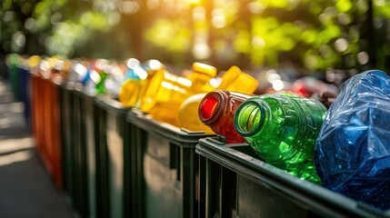 Colorful Plastic Bottles in Recycling Bins, Sort Waste in the Park, Recycle Background, Illustration