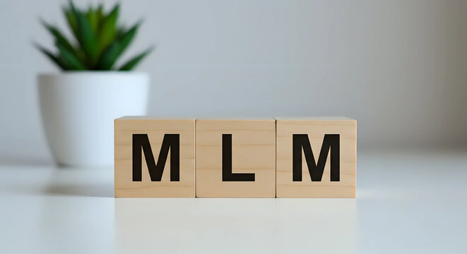 Potrait of wooden blocks with "MLM" letters on white surface isolated on white background with potted plant 