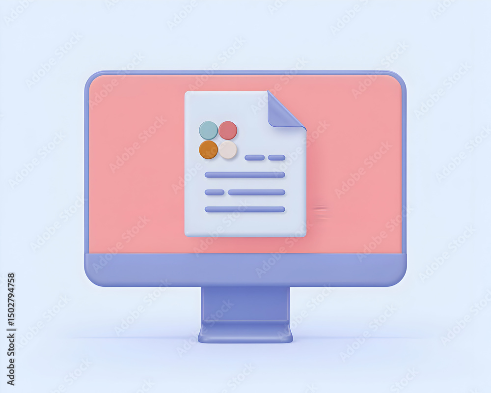 Poster pastel computer screen displaying a document with colorful icons