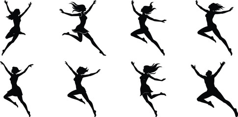 Silhouettes of jumping people set. Collection of person jumping vector illustration on transparent background, PNG