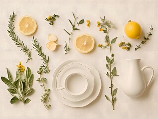 Lemon and Herb Still Life: A serene composition featuring sliced lemons, fresh herbs like rosemary and sage, and delicate yellow flowers artfully arranged around a pristine white teacup and pitcher.