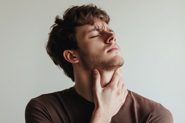 Fototapeta premium Close-up portrait of a man touching his sore throat.