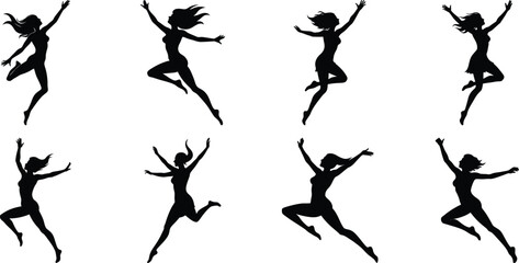 Silhouettes of jumping people set. Collection of person jumping vector illustration on transparent background, PNG