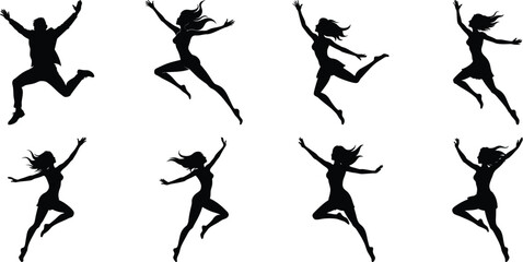 Silhouettes of jumping people set. Collection of person jumping vector illustration on transparent background, PNG