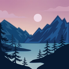 mountain and lake landscaped vector illustration template graphic design .  forest river and nature view sign or symbol for adventure and wanderlust travel business