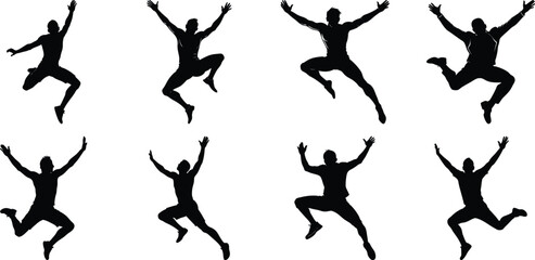 Silhouettes of jumping people set. Collection of person jumping vector illustration on transparent background, PNG