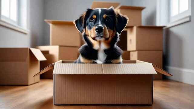 In cardboard box, small cute dog sits in interior of room and turns its head. In background, there are several unopened boxes in bright room standing on floor. Concept of moving to new house.