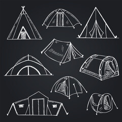 Hiking and camping hand drawn doodle set. Vector illustration. Isolated elements on white background. Symbol collection.