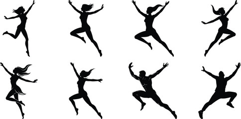 Silhouettes of jumping people set. Collection of person jumping vector illustration on transparent background, PNG