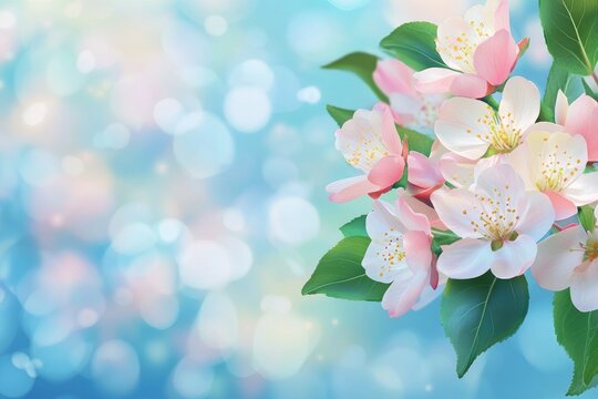 Delicate pink blossoms on a light blue background.  Soft, pastel flowers and leaves.  Bokeh effect in the background
