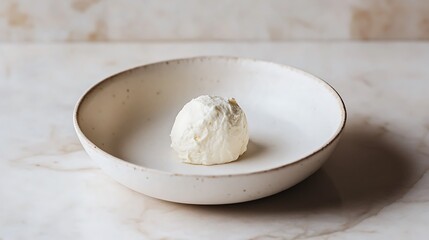 A scoop of white cheese on a ceramic plate