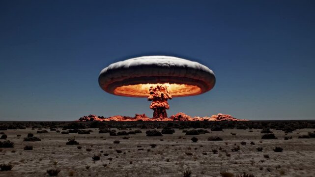 Blast wave of mushroom black cloud rises above desert land. Apocalyptic Scene of Catastrophe. Concept of devastating explosion of atomic, hydrogen bomb, nuclear war, apocalypse.