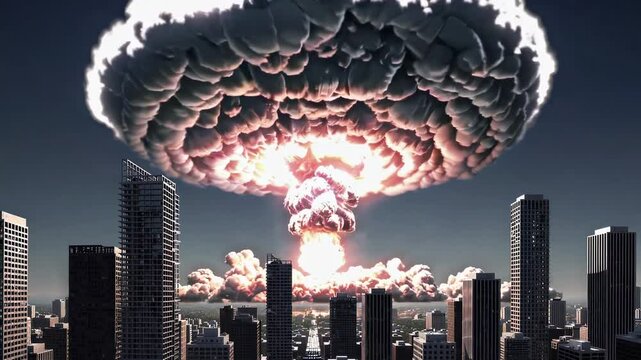 In center of cityscape, among high-rise buildings, there is explosion. Destructive wave of mushroom cloud smoke covers city. Apocalyptic scene of catastrophe. Atomic, hydrogen bomb explosion concept.