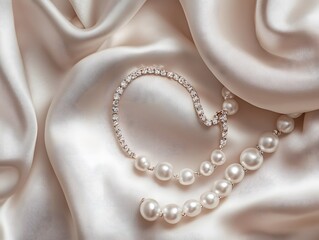 Elegant Pearl Adornment: A lustrous pearl necklace and bracelet rest gracefully upon delicate satin, showcasing the timeless beauty of the gems and the luxurious texture of the fabric.