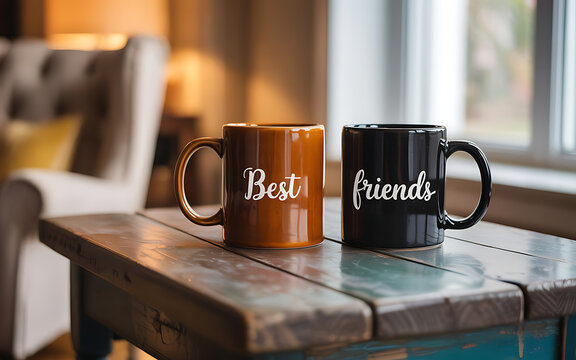 Two coffee mugs with best friends text on rustic wooden table in warm light setting