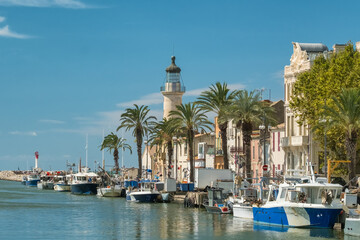 Grau du Roi fishing village on a sunny day in Camargue, France.