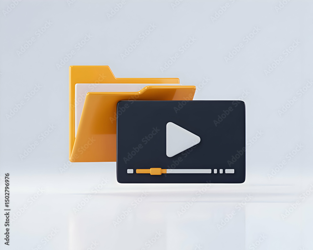 Poster 3d render of yellow folder icon with embedded video player