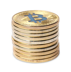 Cryptocurrency. Stack of golden bitcoins isolated on white