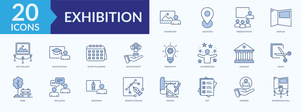 Exhibition icon collection set with art gallery, graphic design, event planning, exhibition hall, museum
