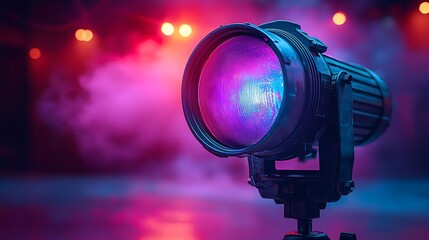 Dramatic stage spotlight projecting vibrant purple and blue hues into a smoky atmosphere high resolution photo