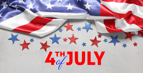 Greeting banner for USA Independence Day with American flag and stars