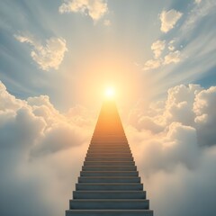 A staircase leading upward into the clouds, golden light shimmering at the top.