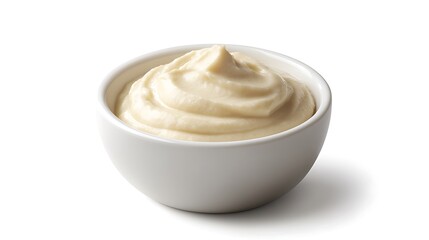 A white bowl filled with a creamy condiment