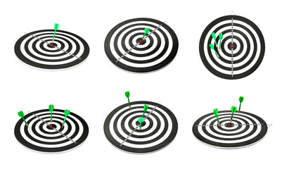 Dartboards with darts isolated on white, collage