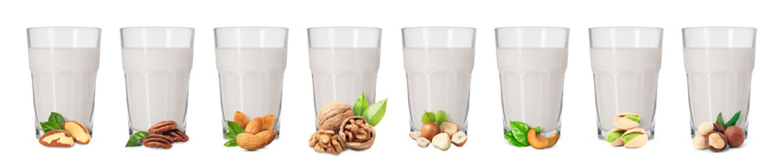 Different types of nut milk in glasses isolated on white, set