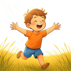 Joyful young boy in orange shirt playing outside, child carefree in a golden field, perfect for children's themes or ads. Isolated on white background or PNG