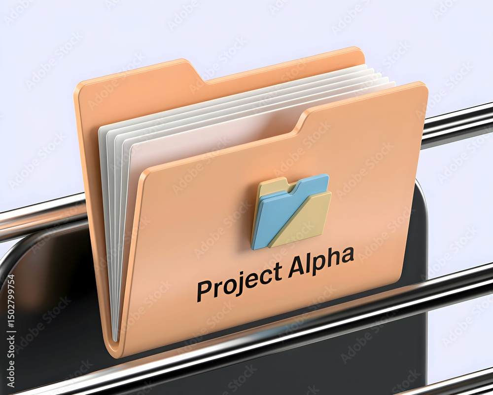 Poster peach-colored project alpha file folder with documents in a digital server rack