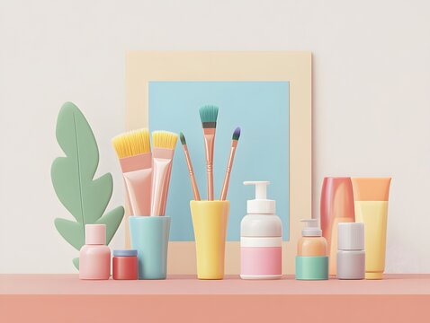 Cosmetic Array: An array of cosmetic products and makeup brushes arranged artistically in a modern and minimalist style, showcasing a range of beauty essentials in a visually appealing composition.