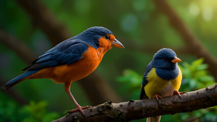 Obraz premium Two exotic colorful birds perched on a branch displaying vivid plumage in nature