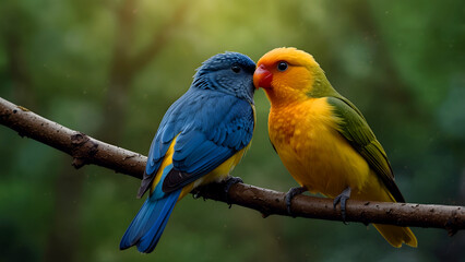 Fototapeta premium Two colorful lovebirds perched on a branch in the forest with bokeh background